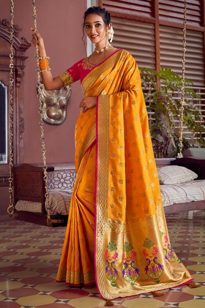 Yellow Silk Saree With Paithani Pallu