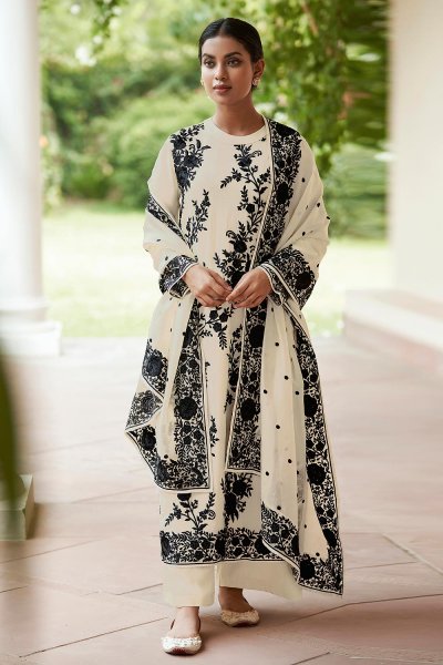 Pearl White Pure Organza Tusser Silk Embroidered Suit