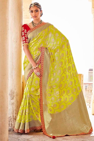 Buy Lemon Green Banarasi Silk Saree 
