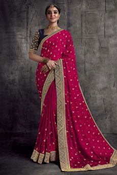 Magenta Silk Embroidered Bordered Saree
