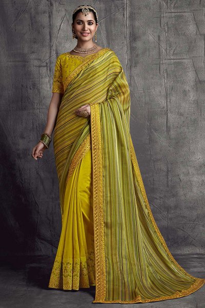 Designer Lime Yellow & Green Silk Embroidered Bordered Saree