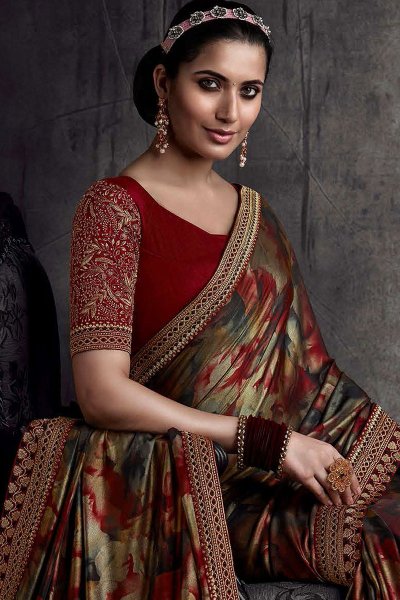 Red Silk Floral Embroidered Bordered Saree