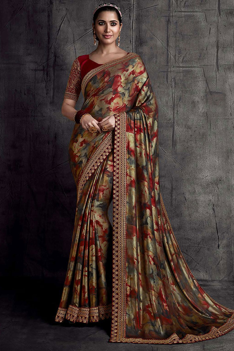 Red Silk Floral Embroidered Bordered Saree