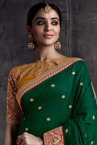 Dark Green Silk Embroidered Bordered Saree