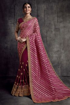 Maroon & Pink Lehariya pallu Silk Embroidered Saree