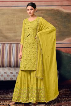 Lime Yellow Embroidered Georgette Sharara Style Suit