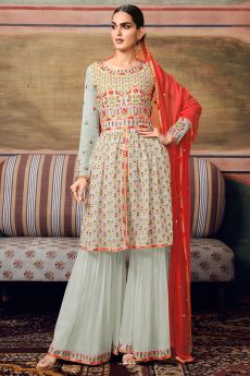 Powder Blue Embroidered Georgette Peplum Style Sharara Suit