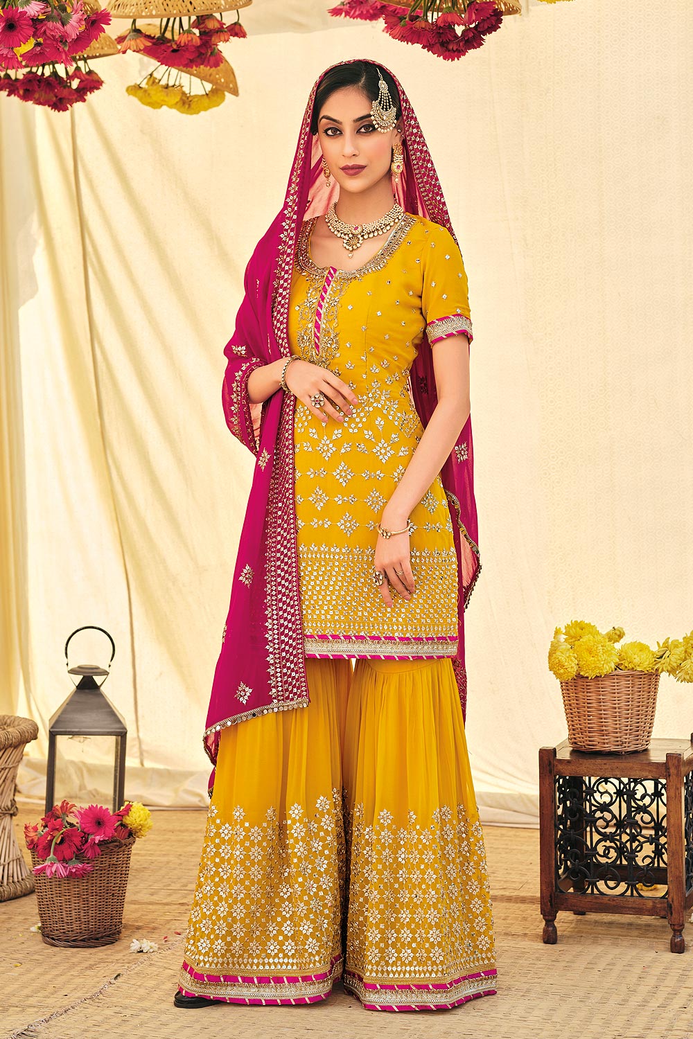 Mustard Embroidered Georgette Sharara Suit