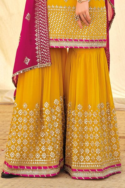 Mustard Embroidered Georgette Sharara Suit