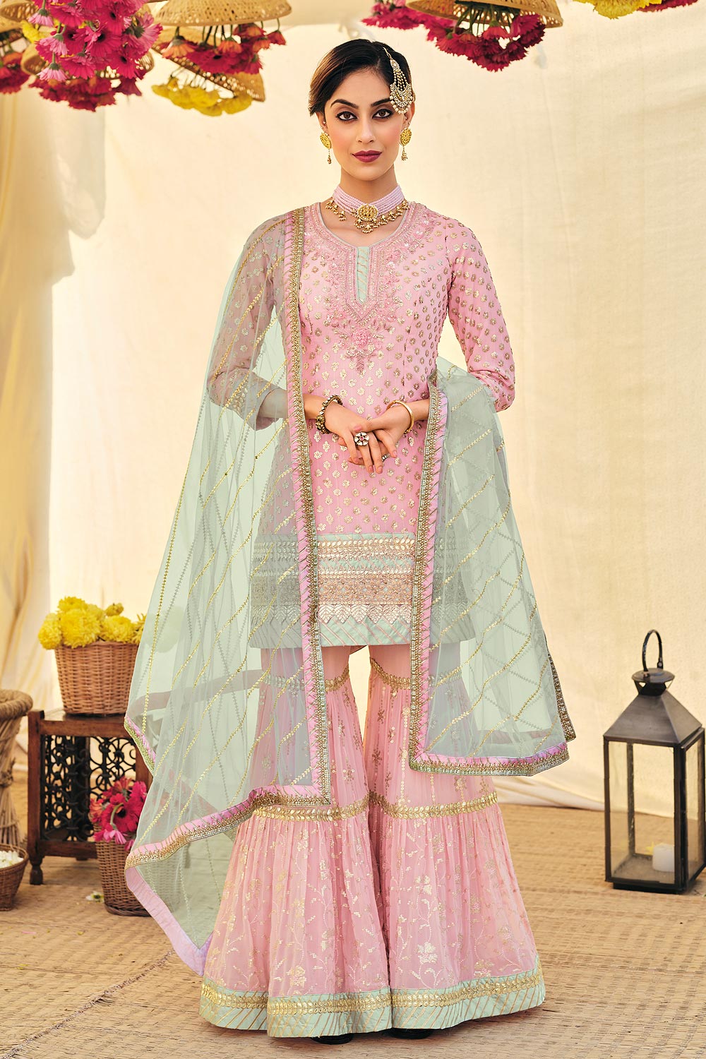 Light Pink Embroidered Georgette Sharara Suit
