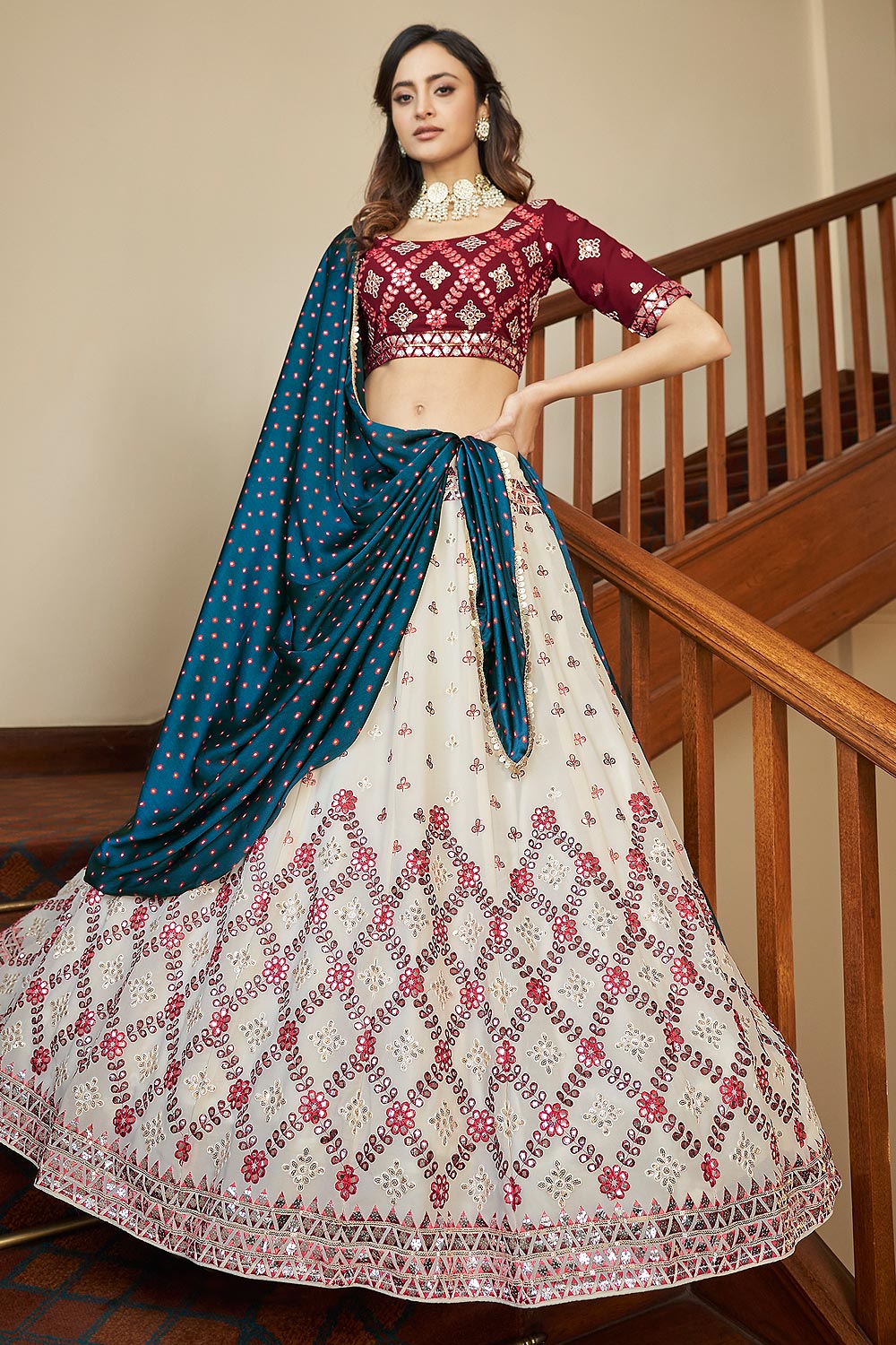 Buy Off White \u0026 Red Georgette Lehenga 
