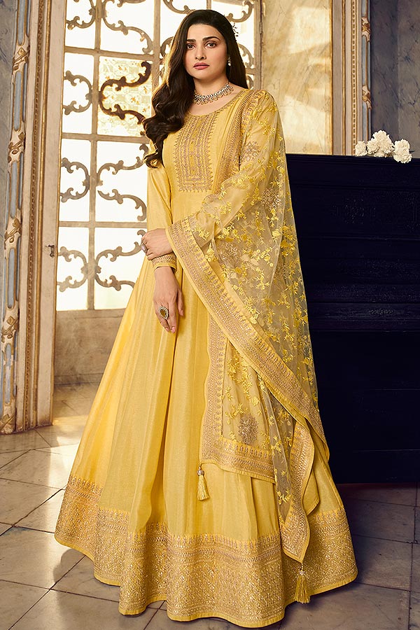 Yellow Embroidered Silk Anarkali Dress 
