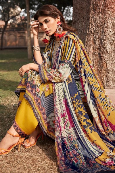 Grey & Mustard Printed Luxurious Lawn Palazzo Suit