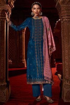 Sapphire Blue Printed and Embellished Crepe Silk Suit