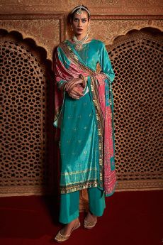 Turquoise Blue Printed and Embellished Crepe Silk Suit