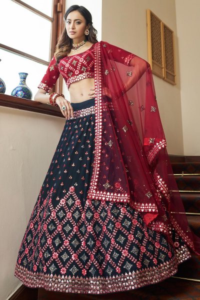 Navy Blue & Red Georgette Embroidered Lehenga Set