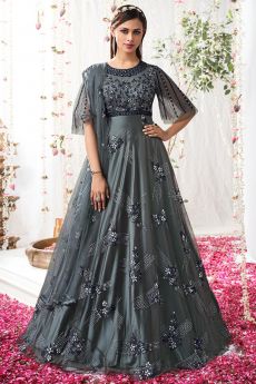 Grey Net Embroidered Anarkali Dress