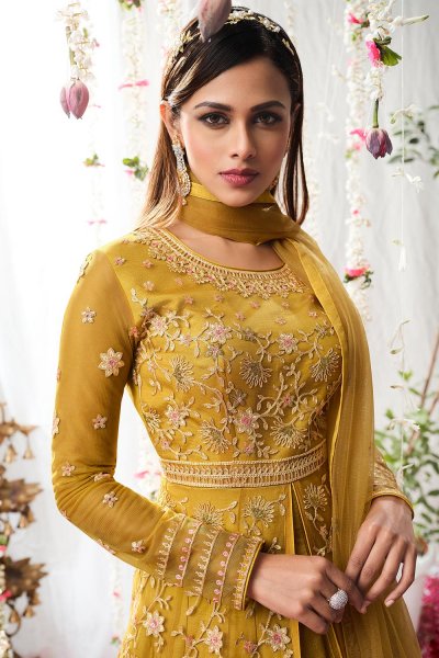 Mustard Yellow Net Embroidered Anarkali Dress