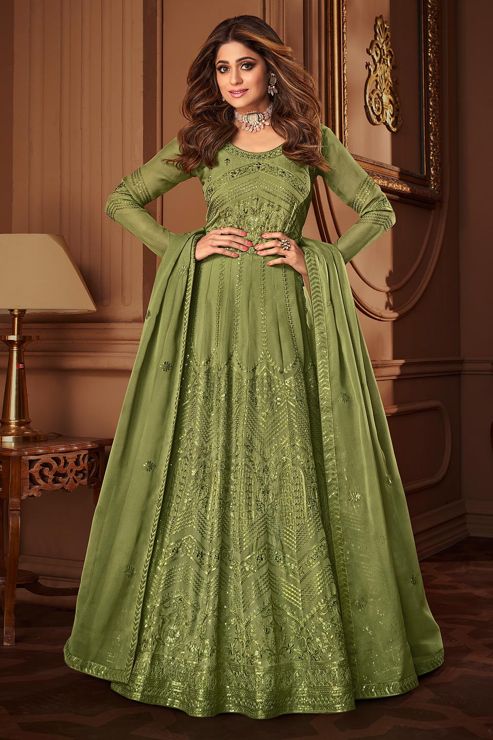 Buy Pista Green Embroidered Georgette 