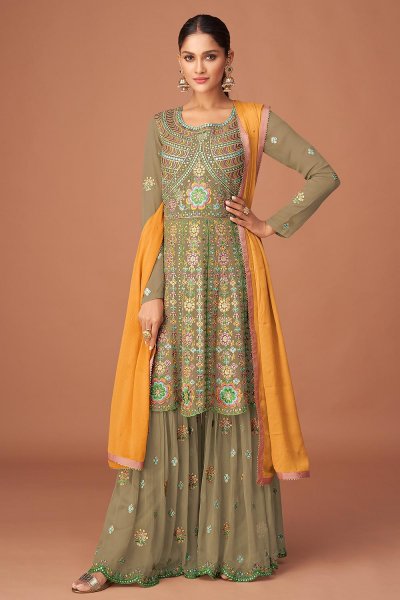 Ready To Wear Sage Green Georgette Embroidered Sharara Suit