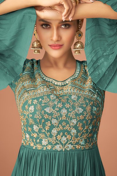 Ready To Wear Teal Blue Georgette Embroidered Sharara Suit