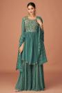 Ready To Wear Teal Blue Georgette Embroidered Sharara Suit