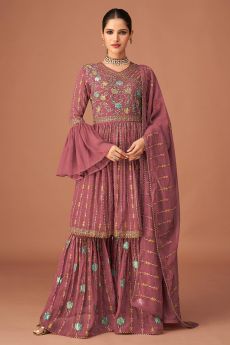 Ready To Wear Rosewood Pink Georgette Embroidered Sharara Suit