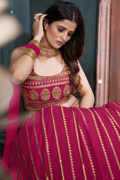 Ready To Wear Magenta Embroidered Georgette Lehenga Set