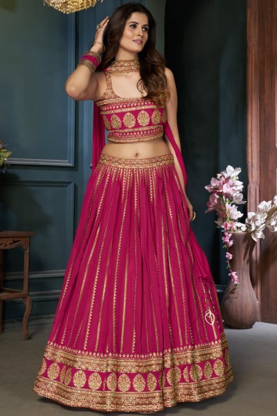 Ready To Wear Magenta Embroidered Georgette Lehenga Set
