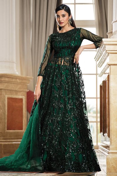 Bottle Green Embellished Net Anarkali Dress