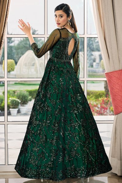 Bottle Green Embellished Net Anarkali Dress