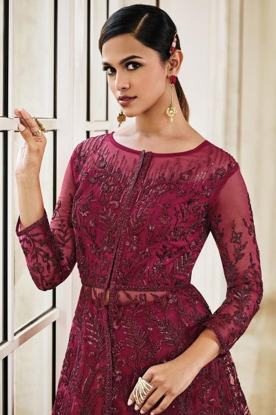 Magenta Embellished Net Anarkali Dress