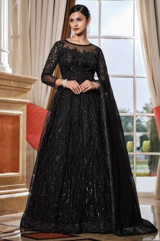 Black Embellished Net Anarkali Dress
