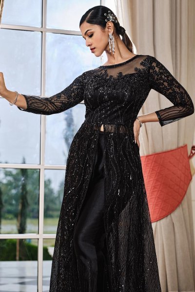 Black Embellished Net Anarkali Dress