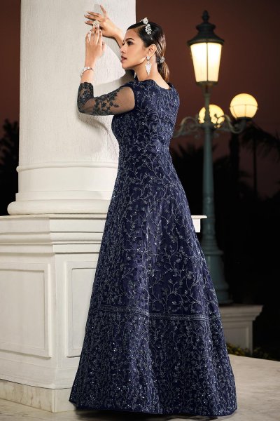 Navy Blue Embellished Net Anarkali Dress