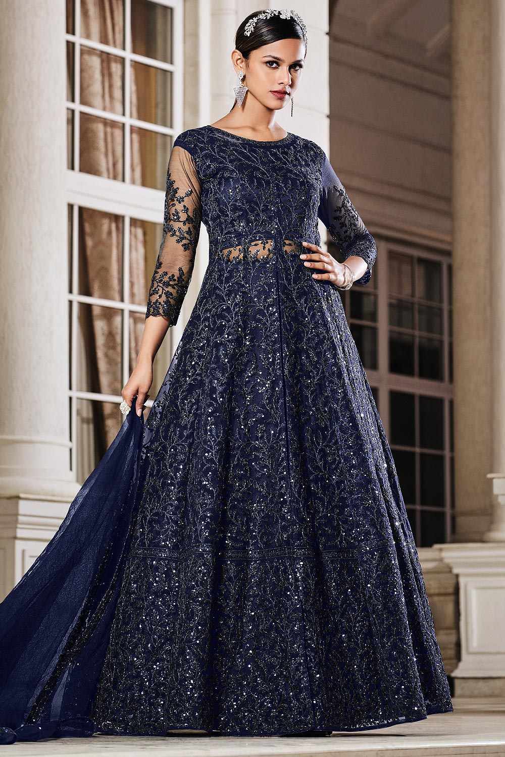 Navy Blue Embellished Net Anarkali Dress