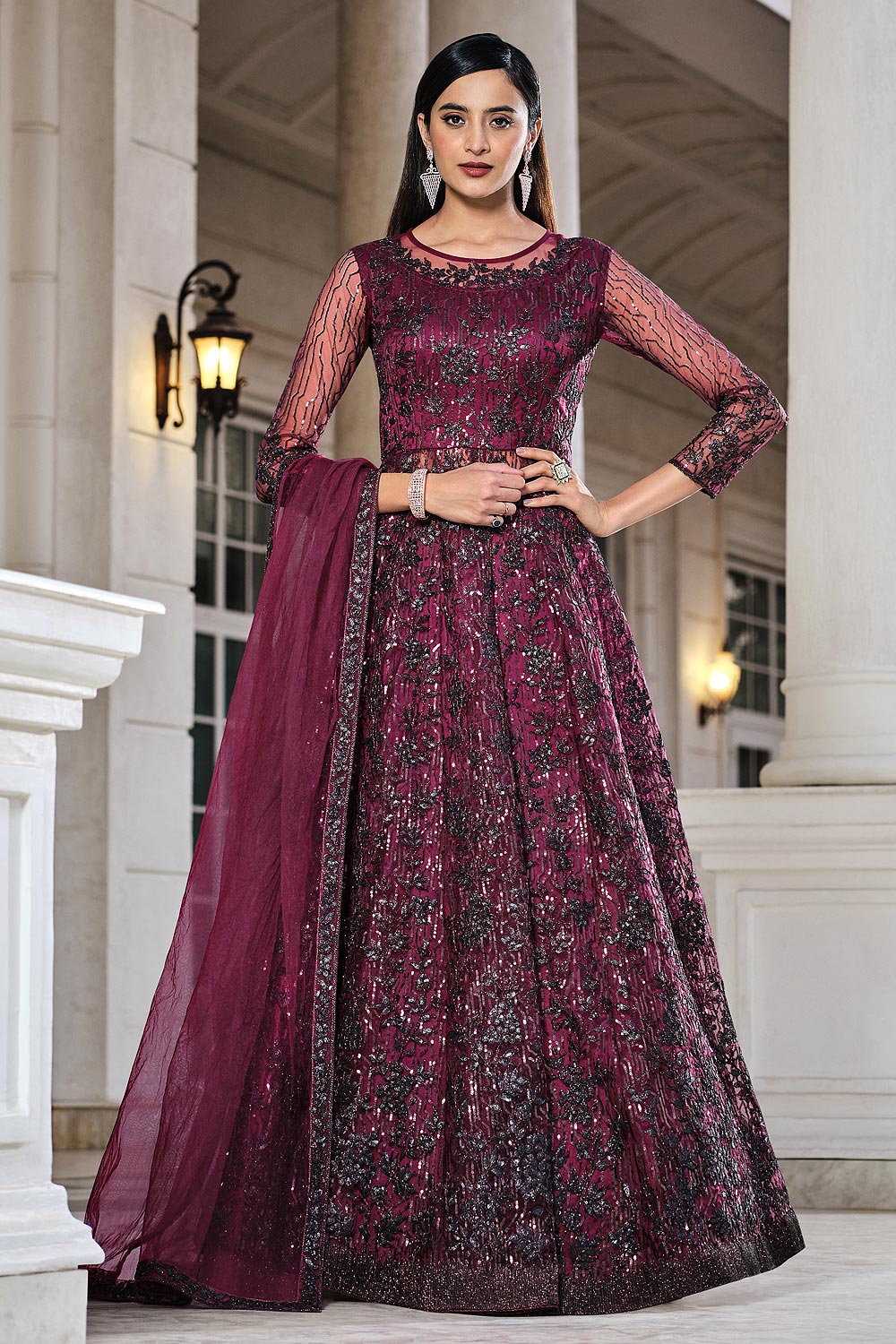 Plum Embellished Net Anarkali Dress