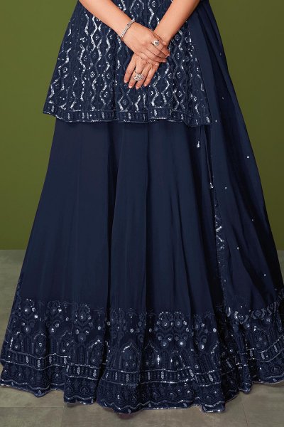 Navy Blue Georgette Embroidered Long Kurti Lehenga With Dupatta