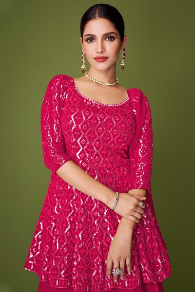 Pink Georgette Embroidered Long Kurti Lehenga With Dupatta