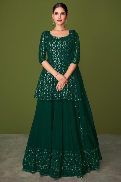 Bottle Green Georgette Embroidered Long Kurti Lehenga With Dupatta