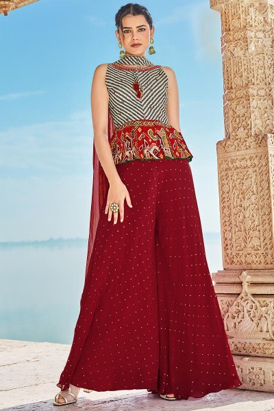 Red & Grey Silk Printed Peplum Style Fusion Wear Suit