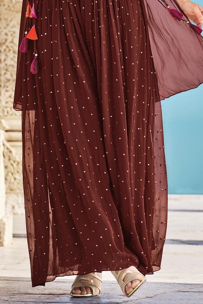 Dark Brown Silk Printed Peplum Style Fusion Wear Suit