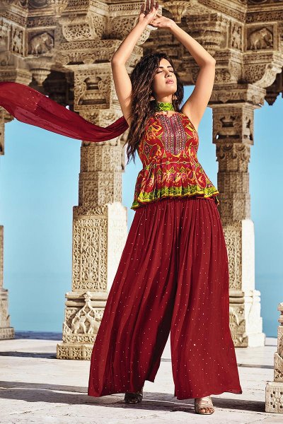 Deep Red Silk Printed Peplum Style Fusion Wear Suit