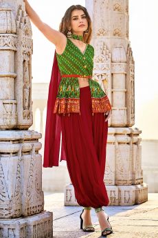 Green & Red Silk Printed Peplum Style Fusion Wear Suit