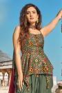 Olive Green Silk Printed Peplum Style Fusion Wear Suit