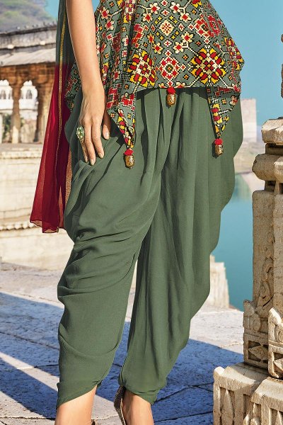 Olive Green Silk Printed Peplum Style Fusion Wear Suit