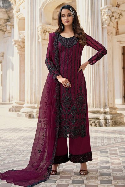 Plum Embellished Net Suit With Palazzo