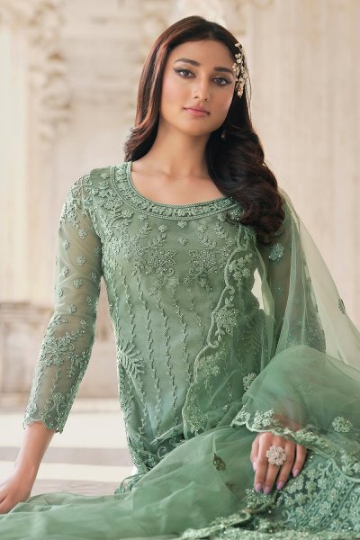 Sea Green Embellished Net Suit With Palazzo