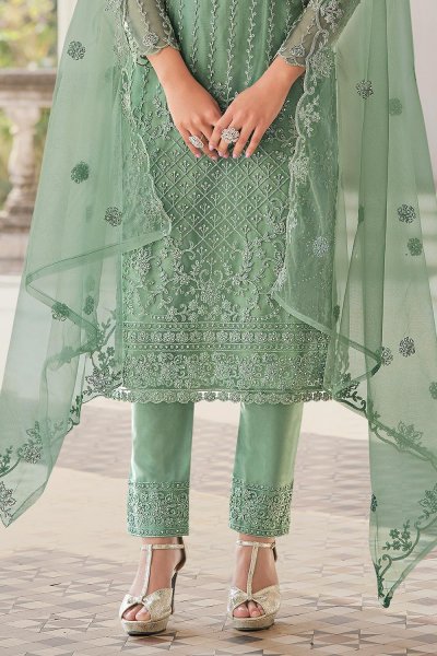 Sea Green Embellished Net Suit With Palazzo
