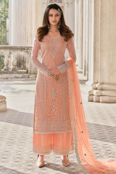 Peach Embellished Net Suit With Palazzo